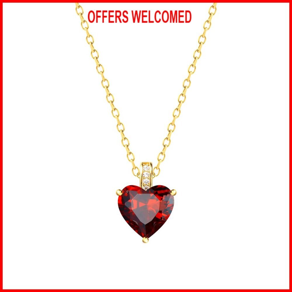 Genuine Garnet Birthstone Necklace, Heart Pendant, 18k Gold Finish, 16" with